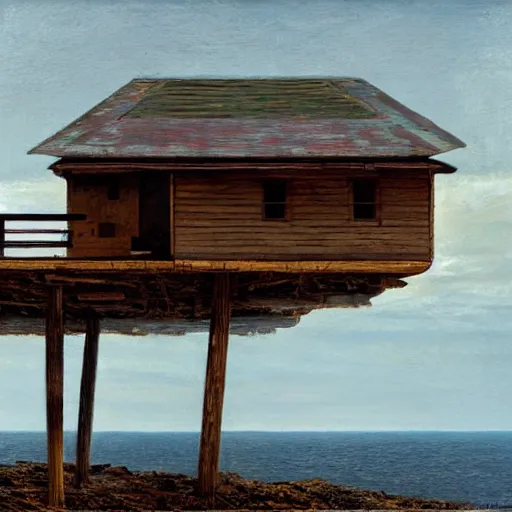 Prompt: A wooden house on a cliff by the sea, by Scott Listfield