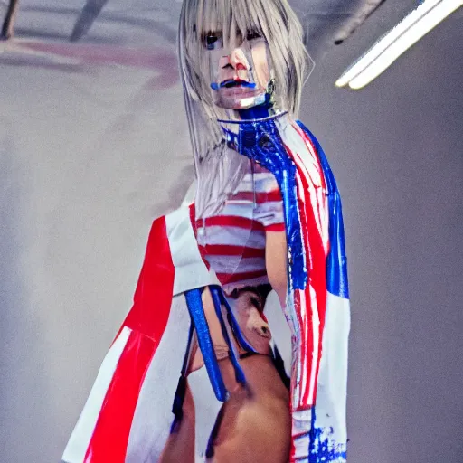 Image similar to dystopian fashion incorporating red white and blue, brutalist fashion show, studio lighting, concept art