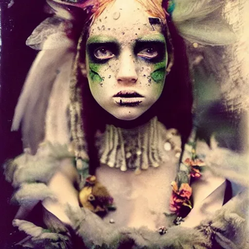 Prompt: kodak portra 4 0 0, wetplate, photo of a surreal artsy dream scene,, girl, ultra - realistic face, expressive eyes, weird fashion, grotesque, extravagant dress, carneval, animal, wtf, photographed by paolo roversi style