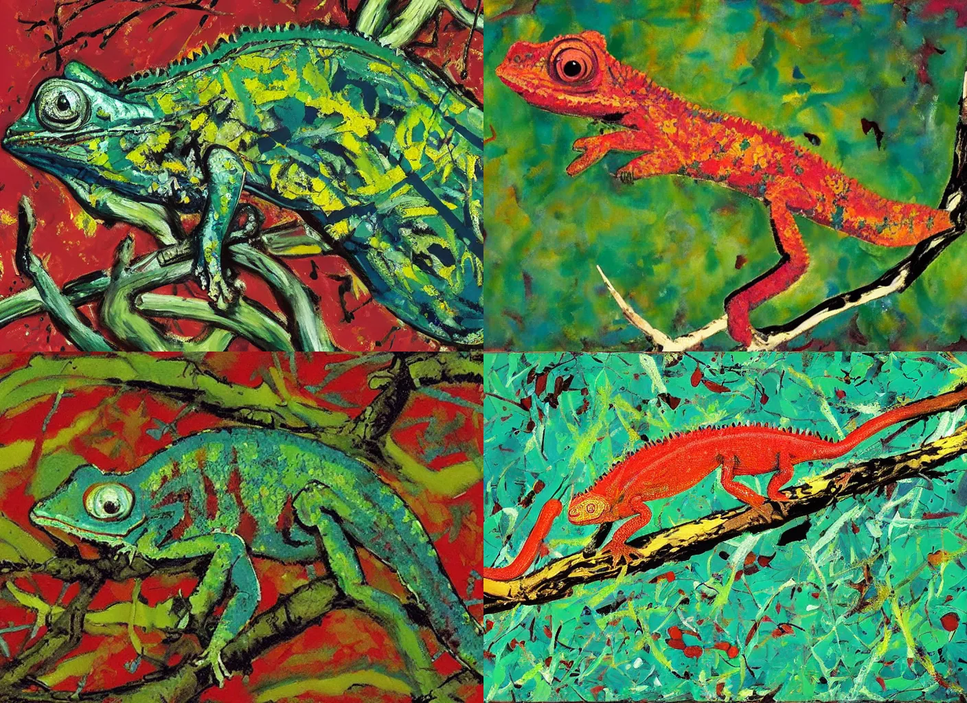 Prompt: a chameleon on a branch, art by jackson pollock,