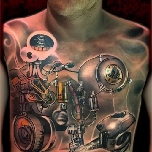 Prompt: chest tattoo of a maintenance slap in the skin with a shiny chrome robot mechanic with glowing steampunk tubes inside under the skin, insanely integrate,