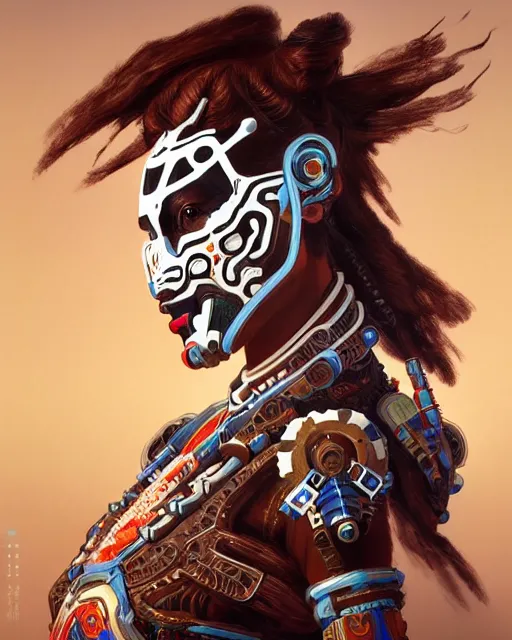 Image similar to portrait of a machine from horizon zero dawn, machine face, decorated with chinese opera motifs, asian, asian inspired, intricate, elegant, highly detailed, digital painting, artstation, concept art, smooth, sharp focus, illustration, art by artgerm and greg rutkowski and alphonse mucha, 8 k