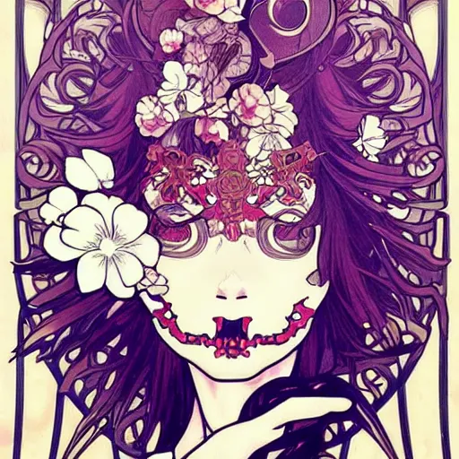 Image similar to anime manga skull portrait pretty face skeleton illustration style by Alphonse Mucha and James Jean pop art nouveau