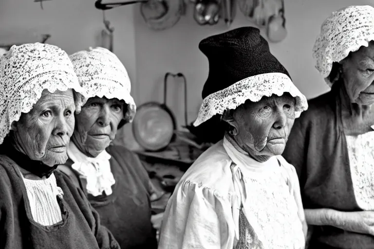 Prompt: close up of three old women from brittany with hats in white lace and black folk costumes in a kitchen. they look visibly angry