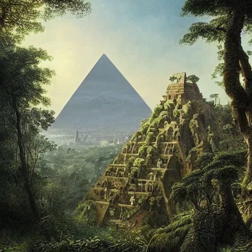Prompt: a beautiful and highly detailed matte painting of an ancient pyramid in a lush forest, intricate details, epic scale, insanely complex, 8 k, sharp focus, hyperrealism, by caspar friedrich,