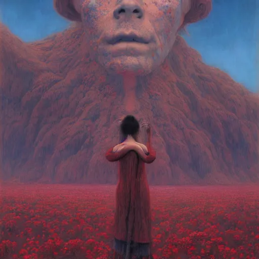 Image similar to A giant woman, wearing clothes made out of thunder clouds and flowers red skin, mountains, Masterpiece, glowing, wires everywhere, by Edgar Maxence and Ross Tran, Zdzisław Beksiński, and Michael Whelan, distant, gustav dore, H.R. Giger, 8k, octane render