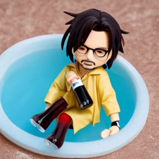 Prompt: johnny depp as nendoroid relaxing in the pool with bottle of wine, kodak film