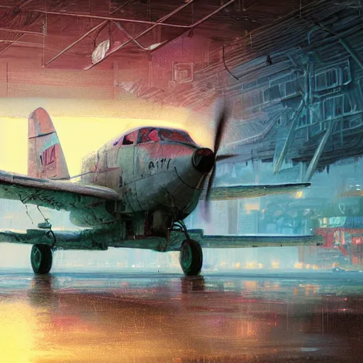 Prompt: movie frame of a vintage scrappy aircraft parked on the tarmac on a misty day, wet ground, neon lights, wide angle shot, by ian mcque ferdinand knab, makoto shinkai and lois van baarle, artgerm, pixar, ilya kuvshinov,, tom bagshaw, global illumination