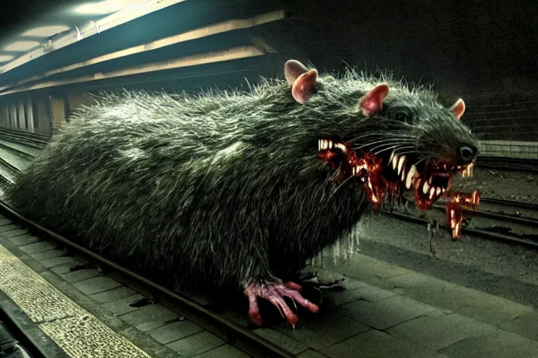 Image similar to very large giant mutant zombie irradiated ( angry rat ) staying on railways in tonnel of moscow subway. tonnel, railways, giant angry rat, furr, fangs, claws, very realistic. fog, extreme long shot, herman nitsch, giger.