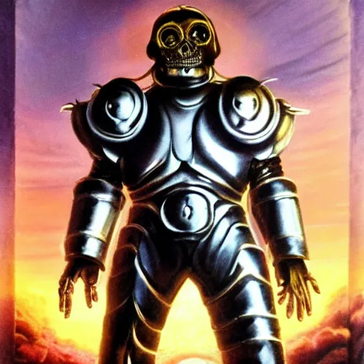 Prompt: high fantasy 1 9 8 0's wargame airbrushed artwork, a giant silver reflective chrome android wearing a mask shaped like an intricately carved beautiful human skull with glowing laser eyes, golden giant battle armor, inside a futuristic army base