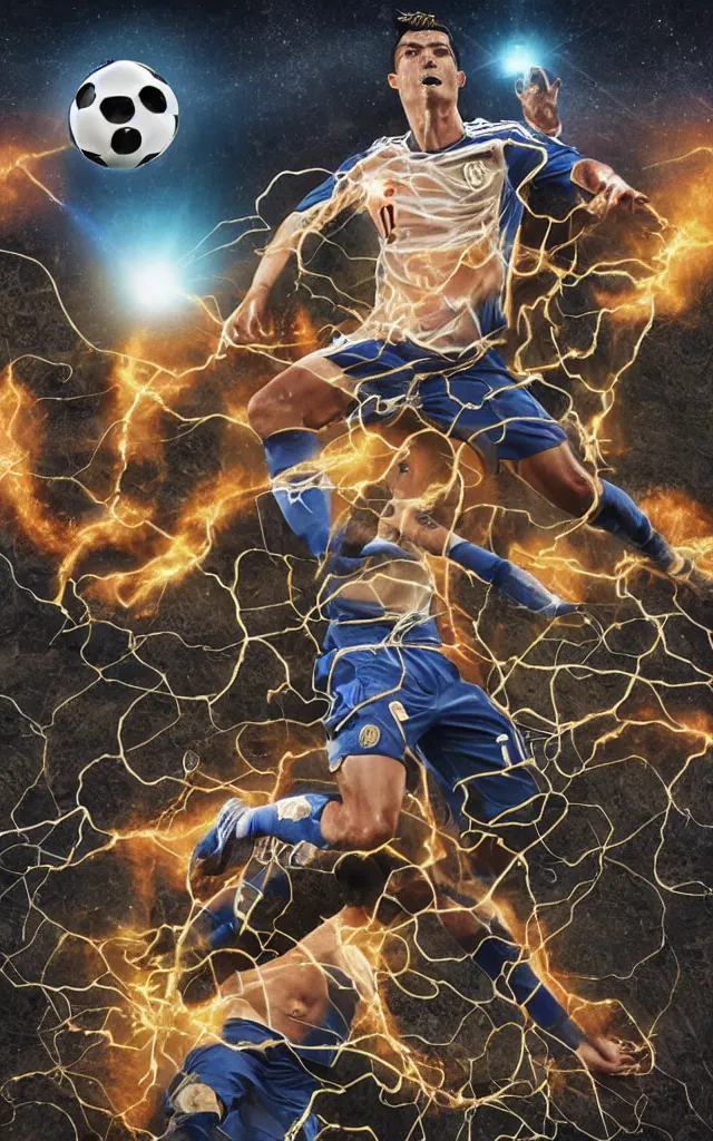 Image similar to scientific twisted cristiano ronaldo soccer player surrounded by twisted skulls and tackling the nike ball in front of the light flare, night earth crust, trail cam, realistic photography paleoart, masterpiece album cover