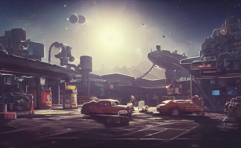 Image similar to gas station in space, 8 k, steampunk, hard edges, zoomed in, very coherent, sharp focus, rim light, exquisite lighting, hard edges, sci - fi, print, cinematic, game art, concept art, trending on artstation