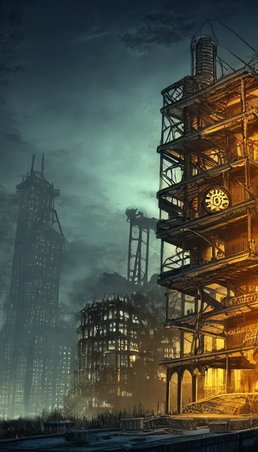 Prompt: a beautiful detailed rendering of city abandoned unfinished building treehouse industrial architecture by claude lorrain, at night bioshock crystal thermal vision tron water liberty city cosmic magic realism at dusk laser tundra universe san andreas, archdaily, wallpaper, highly detailed, trending on artstation.