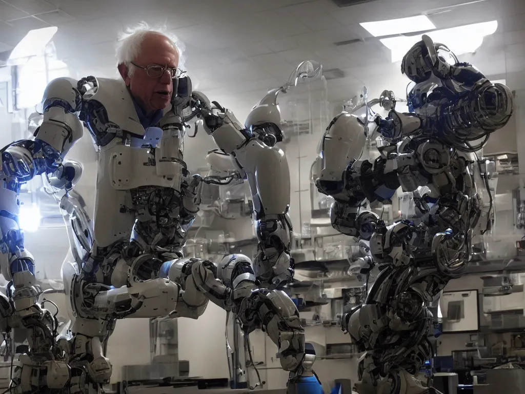 Image similar to bernie sanders putting the finishing touches on a scifi doomsday robot, cinematic moody lighting, led lighting, sharp focus, dirty smoky laboratory, imax