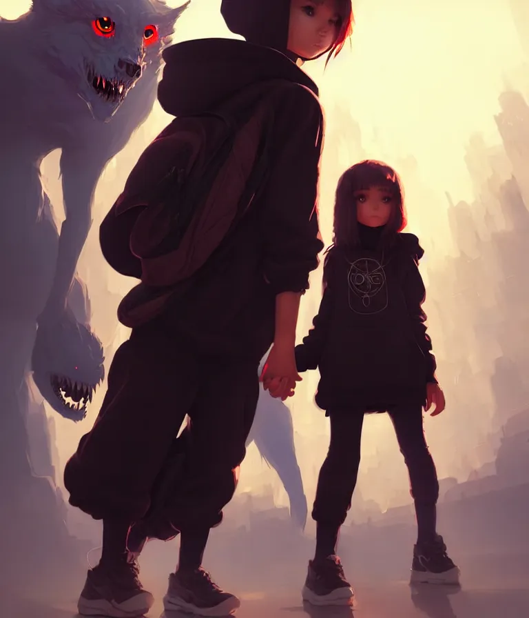 Prompt: brave young girl, wearing an oversized hoodie, backpack, holding hands with a large demonic beast, apocalyptic setting, bokeh, sharp focus, character art, illustration, digital painting, trending on artstation, by masamune shirow, by greg rutkowski, by wlop.