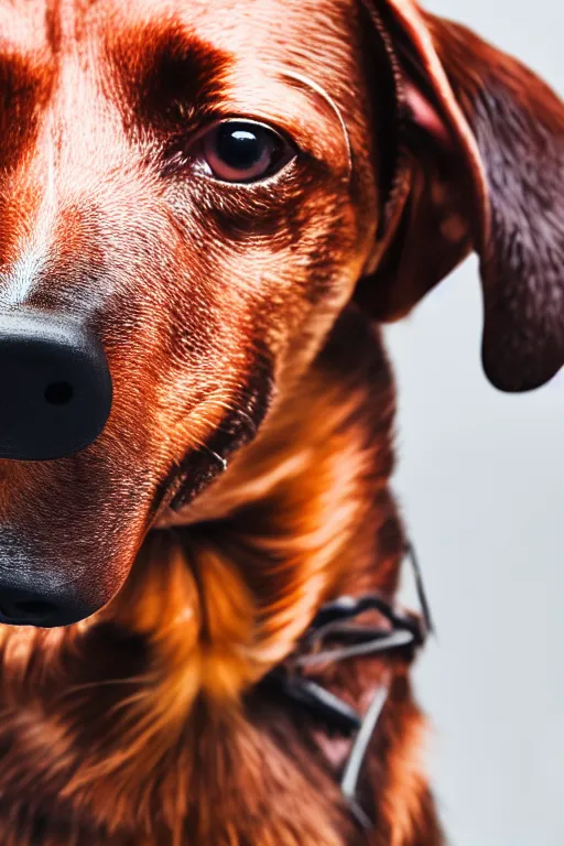 Image similar to Photo of a dachshund with Ron Swanson moustache, portrait, 3/4 view, Refined, Detailed professional photo, 50mm lens, Canon eos, blurry distant background, Highly Detailed, Cinematic Lighting, 8k