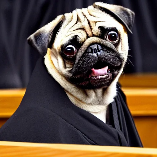 Image similar to a pug as a judge wearing a black robe, sitting behind the desk in court, slamming his gavel, angry looking