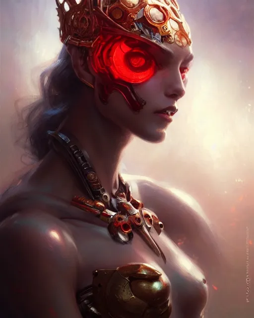 Prompt: concept art by artgerm, super attractive i robot demon queen with crown and red eyes, art by by gaston bussiere and greg rutkowski, soft natural light, intricate, elegant close - up portrait, highly detailed, digital painting, artstation, concept art, smooth, sharp focus, illustration, symmetry!!