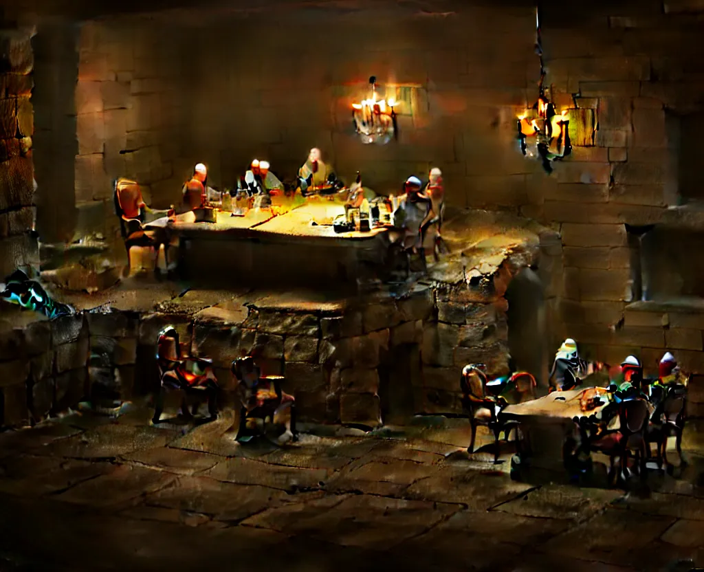 Image similar to the forbidden underground meetings of the traitors, a dimly lit stone room, a single table, some old chairs, all traitors are debating how to kill the king, cinematic landscape, betrayal in the air, octane render, artstation