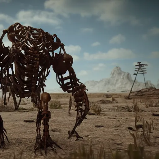 Prompt: A desolate wasteland, where the only signs of life are the occasional rusting hulk of a machine, or the skeleton of a long-dead creature, rendered in unreal engine.