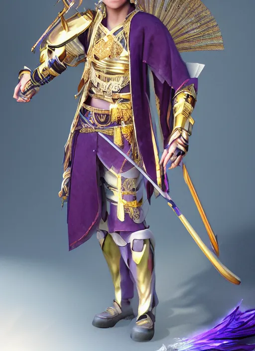 Image similar to An epic fantasy portrait painting of teenager boy with straight indigo hair, purple eyes with red eye markers, slim body, wearing a detailed Japanese kimono with golden armor pieces, holding japanese fan. Unreal 5, DAZ, hyperrealistic, octane render, studio Ufotable, Demon Slayer artstyle, cosplay, RPG portrait, dynamic lighting