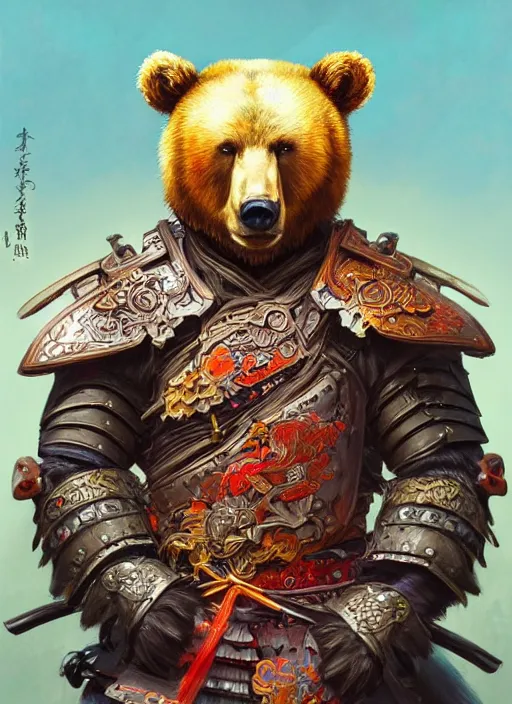 Image similar to portrait of anthropomorphic bear in samurai armor, colorful, highly detailed, digital painting, artstation, concept art, smooth, sharp focus, illustration, art by artgerm and greg rutkowski and alphonse mucha