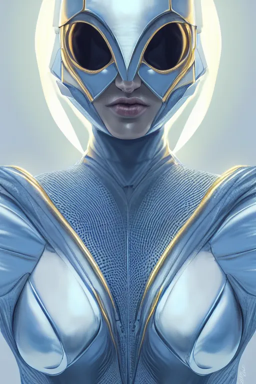 Image similar to detailed portrait glam cyber noun, attractive feminine curves, intricate, futuristic, elegant cape, elegant, alien room background, white, blue, gold, photorealism, trending on artstation, holy halo, advanced technology, art by moebius and vitaly bulgarov and chanthara