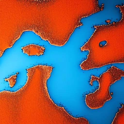 Prompt: top down view of map of iceland made out of ice, highly detailed, surrounded by ocean made out of hot orange lava, realistic