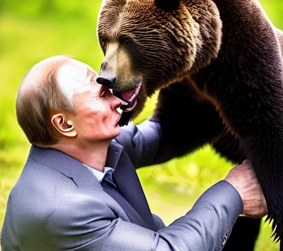 Image similar to vladimir putin mates bear, animals mating, lovely kiss, kiss mouth to mouth, romantic, emotional, love scene, insane details, clear face and eyes, textured, 8 k, professional photography, animal world, discovery channel