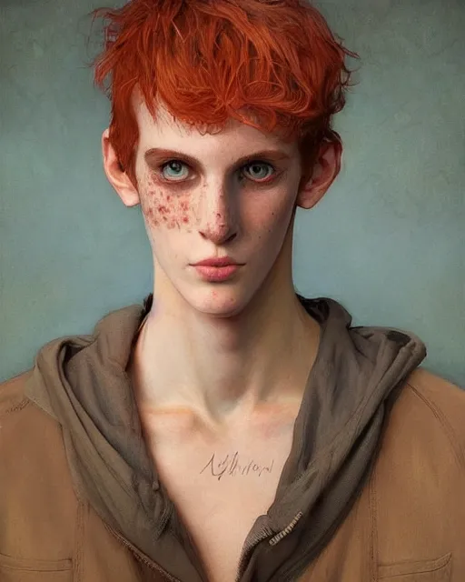 Image similar to symmetry!! portrait of tall, thin, 1 5 - year - old boy with a long nose, a lot of freckles, fiery red hair, and bright blue eyes, highly detailed, digital painting, artstation, concept art, smooth, sharp focus, illustration, art by artgerm and greg rutkowski and alphonse mucha