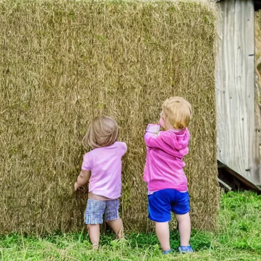 Image similar to children playing in a haymow inside a wooden barn