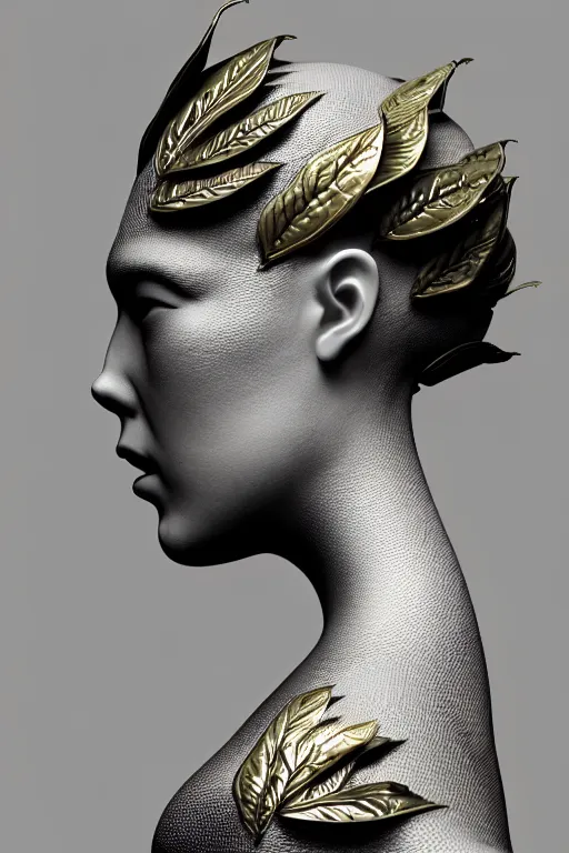 Image similar to monochrome close - up profile face, black background, beautiful young porcelain vegetal - dragon - cyborg - female, 1 5 0 mm, beautiful natural soft rim light, silver gold details, magnolia leaves and stems, roots, mandelbot fractal, elegant, hyper real, ultra detailed, white metallic armour, octane render, 1 6 k