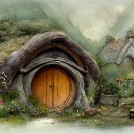 Image similar to hobbit house. muted colors. by Jean-Baptiste Monge style of Jean-Baptiste Monge painted by Jean-Baptiste Monge in art book of Jean-Baptiste Monge, art by Jean-Baptiste Monge, drawings by Jean-Baptiste Monge, paintings by Jean-Baptiste Monge