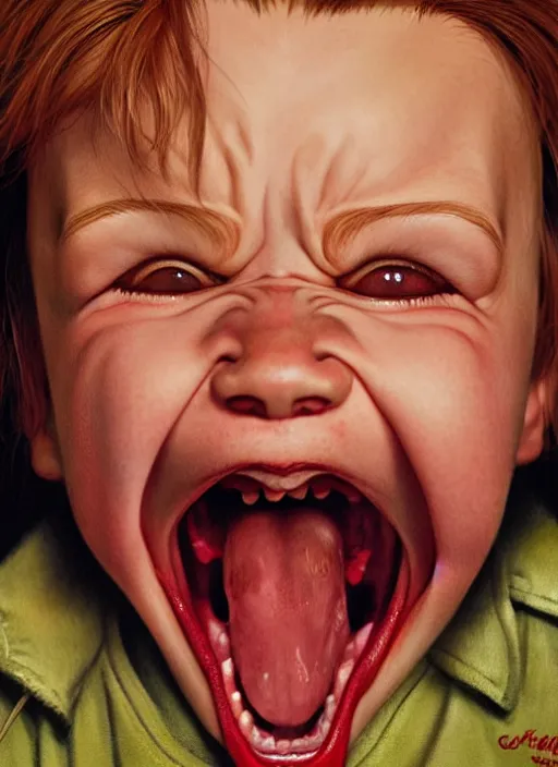 Prompt: twin peaks movie poster art, portrait of chucky doll screaming, from scene from twin peaks, clean, simple illustration, nostalgic, domestic, highly detailed, digital painting, artstation, concept art, smooth, sharp focus, illustration, artgerm, donato giancola, joseph christian leyendecker, wlop