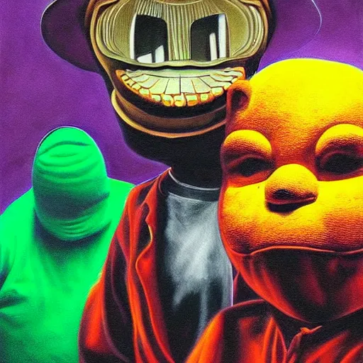 Image similar to beautiful lifelike painting of mf doom performing with slipknot and the teletubbies, hyperreal detailed facial features and uv lighting, art by ed roth and basil wolverton