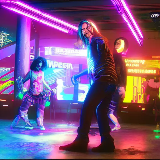 Image similar to Dancing hippies Cyberpunk 2077. CP2077. 3840 x 2160