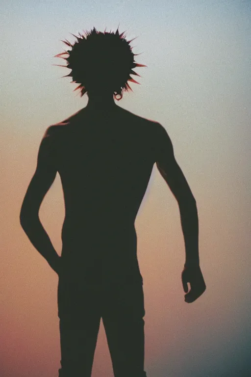 Image similar to kodak portra 4 0 0 photograph of a skinny guy looking into a otherworldly portal, flower crown, back view, vaporwave colors, grain, moody lighting, moody aesthetic,