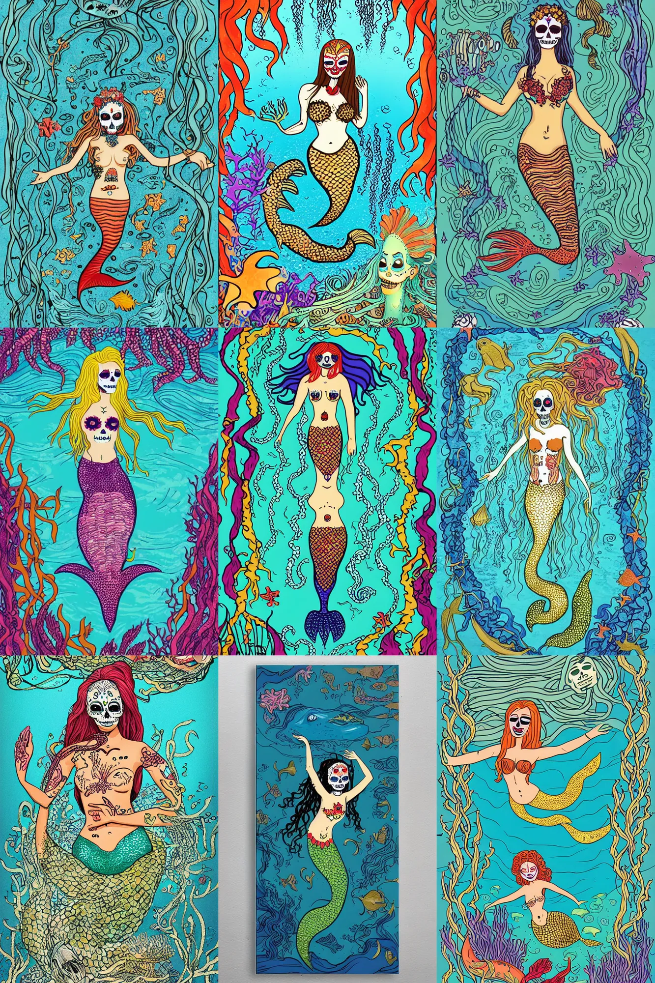 Prompt: illustration of a day of the dead mermaid under the sea, surrounded by kelp, jimi hendrix style poster