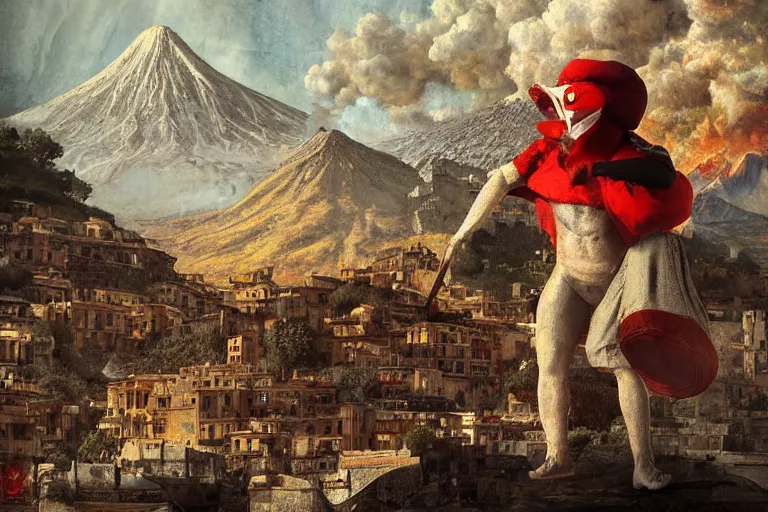 Prompt: a highly detailed pulcinella!!! from naples with pizza!! in the foreground, volcano in the background, full body, wide angle, an ultrafine detailed painting by achille superbi, post - apocalyptic vibe, trending on deviantart, whimsical, lowbrow, coherent, sharp focus, octane, masterpiece