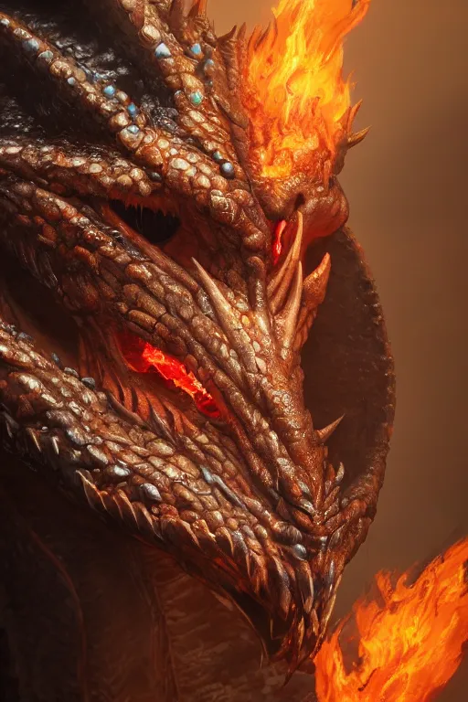Prompt: close-up portrait film still, beautiful dragon with wet skin in a pit of fire, treasures of gold, trending on artstation, blizzard concept artists, cinematic, hyper realism, high detail, octane render, high contrast, vibrant, trending on artstation, 8k