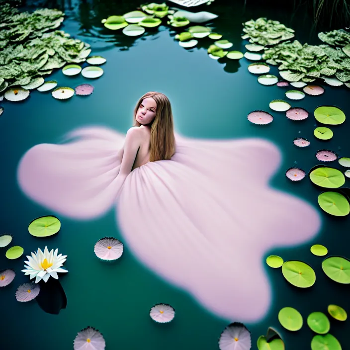 Prompt: Kodak Portra 400, 8K, soft light, volumetric lighting, highly detailed, britt marling style 3/4 of a woman floating in water surrounded by lily pads, half face in the water, julie dillon, a beautiful lace dress and hair are intricate with highly detailed realistic beautiful flowers , Realistic, Refined, Highly Detailed, natural outdoor soft pastel lighting colors scheme, outdoor fine art photography, Hyper realistic, photo realistic