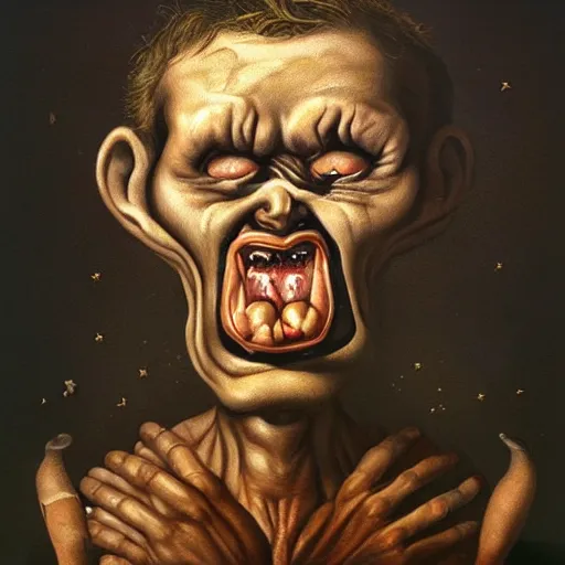 Image similar to oil painting with black background by christian rex van minnen robert williams todd schorr of a portrait of an extremely bizarre disturbing mutated man with acne intense chiaroscuro lighting perfect composition masterpiece