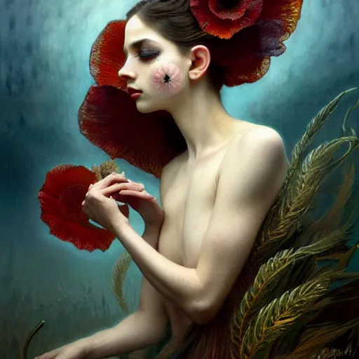 Prompt: young poppy queen, unique non conventional beauty, surreal, fantasy, intricate, elegant, dramatic lighting, emotionally evoking symbolic metaphor, highly detailed, lifelike, photorealistic, digital painting, artstation, concept art, smooth, sharp focus, illustration, art by Krenz Cushart and Artem Demura and Alphonse Mucha and Albert Aublet