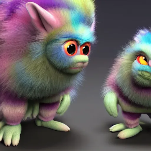 Prompt: cute colorful fuzzy furry alien monsters with big eyes and big ears, long detailed striped fur with gradient colors, detailed high quality 3 d render unreal engine in the style of maurice sendak, 4 k