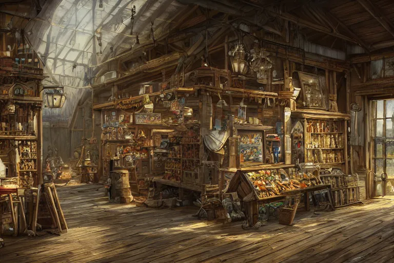 Image similar to A general goods store viewed from the inside, texture, intricate, details, highly detailed, masterpiece, architecture, building, trending on artstation, focus, sharp focus, concept art, digital painting, fantasy, sunny, day, midday, in the style of Dungeons and Dragons