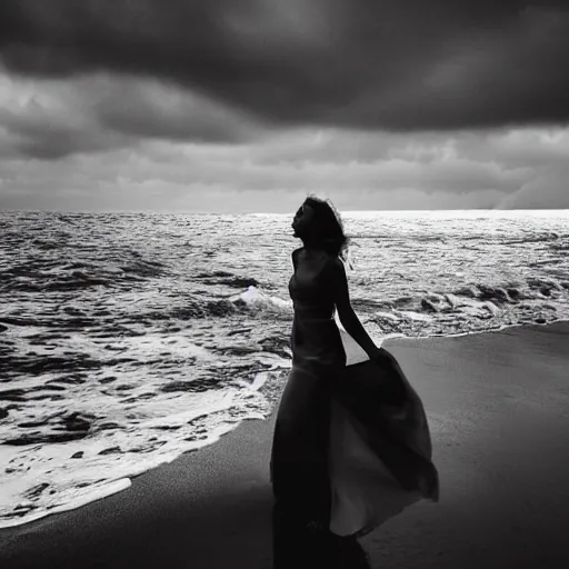 Prompt: A beautiful woman. beautiful face. melancholic. sad. in the middle of the ocean. detailed. photorealism. granular photography. tumultuous sea. cloudy. long wavy hair. long wavy white dress. black and white. 24mm lens. shutter speed 4/1. iso 100. f/2.8 W-1024