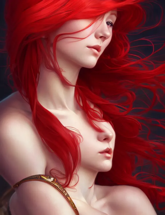 Image similar to beautiful magical girl, with red hair, wonderful eyes, over - detailed, elegant, intricate, dynamic lighting, hyperrealism, digital art, digital painting, artstation, wlop, clear focus, illustration, works by artgerm, greg rutkowski and alphonse mucha, 8 k