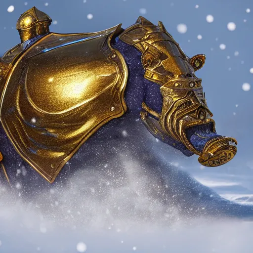 Image similar to fantasy art 4 k photo of hippos in very detailed shiny plate armor engraved in gold ready for battle in a blizzard