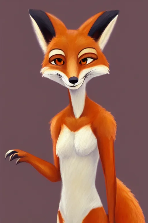 Image similar to oil painting of anthromorphic female fox, in style of zootopia, female fursona, furry, furaffinity, 4 k, deviantart, furry art, fursona art, wearing black business suit, business suit, fox fursona, female, smug expression,