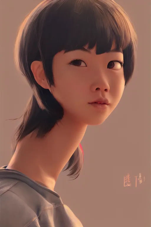 Image similar to a painting of cute Asian girl, short hair, in the style of Pixar animation, low angle view, 16mm lens, award winning, hyper detailed, dramatic lighting, artstation, octane renderer, unreal engine